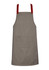 An olive-green apron with red straps and a front pocket, featuring a simple design and a branding logo.