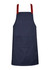 A navy blue apron with red straps and a front pocket, featuring a small logo on the side.