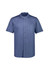 A short-sleeve chef shirt in navy blue with a stand-up collar and a front pocket, featuring a logo.