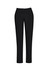 A pair of black slim leg pants with a comfort waist, featuring pockets and a button closure.