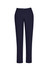 A pair of slim leg pants in navy blue, featuring a comfort waist design and front pockets.