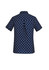 A navy short sleeve shirt with a white daisy print and a back pleat detail. It features a collar and one logo.