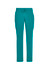 Teal straight leg scrub pants with side pockets and an adjustable drawstring waistband. Features a logo on the design.