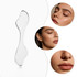 A transparent massage tool with a smooth design, surrounded by close-up images of relaxed faces.