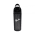 A drink bottle in black with a handle and a logo, featuring a sleek, contemporary design.