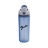 A drink bottle in transparent blue with a grey lid and a logo. Suitable for holding 700ml of liquid.