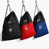 Drawstring bags in black, red, and blue with zip pockets and logos. Each features the year "2026".