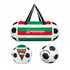 A foldable duffel bag designed to resemble a soccer ball, featuring green, white, and red stripes, with a logo.