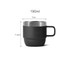 A stackable stainless steel mug in matte black, featuring a brushed metal rim and a handle. Measurement details included.