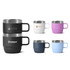 A stackable stainless steel mug set featuring black, white, pink, navy, and blue colours, with various logos.