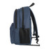 A navy blue backpack featuring multiple compartments and a side mesh pocket. It has adjustable straps and a logo.