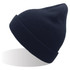 A navy blue beanie made from recycled polyester, featuring a cuffed design and a rounded top.