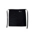 A black half apron made from 100% polyester, featuring a pocket and a logo.
