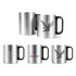 A stainless steel insulated mug with a plastic handle, featuring various designs and a logo. Available in silver with black accents.