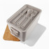 A rectangular bamboo stackable lunch box in light grey, featuring a bamboo lid and cutlery set inside.