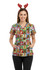 A women's Christmas scrub top featuring a colourful pattern with various festive cartoon animals, paired with reindeer antlers.