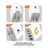 A white universal travel adapter with four ports, featuring branding on multiple sides and a plug on the bottom.