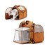 A brown pet backpack carrier with an expandable mesh section, featuring dual openings and adjustable straps.