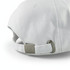 A white cap with a metal clasp at the back and a textured fabric finish. It features a branding logo.