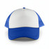 A white front trucker mesh cap with a blue brim and blue mesh sides, featuring a logo.