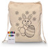 A cream drawstring bag featuring a bunny design, accompanied by a crayon set in various colours.
