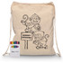 A beige drawstring bag featuring monkey illustrations and a crayon set with multiple colours.