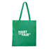 A green shopping tote bag with a V gusset and long handles, featuring a logo on the front.