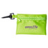 A vibrant green pouch with a zip closure, featuring a pen and a logo on the front.
