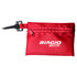 A red pouch with a zipper closure and a clip, featuring a branding logo. Ideal for storing small tech accessories.