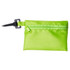 A bright green pouch with a zip closure and a clip attachment, featuring a small pen.