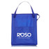 A blue insulated grocery tote with dual handles and a logo on the front.