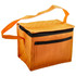 An orange cooler bag with a zip closure and a shoulder strap, featuring a front pocket and branding.
