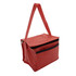 A red lunch cooler bag featuring a zippered compartment and a handle, with a logo on the front.