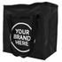 A black insulated grocery bag with sturdy handles and a logo on the front.