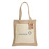 A jute tote bag in natural brown with a cream pocket and a logo on the front. Features long handles.