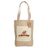 A jute shopping bag in natural beige featuring a coffee company logo on a cream panel and sturdy shoulder straps.