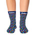 Colourful patterned socks with a navy background, featuring a playful design of multicoloured shapes and a logo on the cuff.