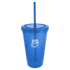 A drink bottle in blue acrylic, featuring a lid and a straw, with a logo on the surface.
