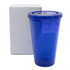 A drink bottle in blue acrylic, accompanied by a white box, featuring a screw-on lid.