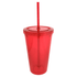 A drink bottle with a red acrylic body and matching straw, featuring a lid and a logo.