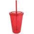 A drink bottle with a clear red body, matching lid, and straw, designed for beverages. Features a logo.
