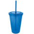 A drink bottle in clear blue acrylic with a matching straw and a secure lid, featuring a logo.