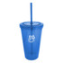 A drink bottle featuring a clear blue acrylic tumbler with a matching straw and a logo.
