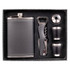 A drink bottle gift set featuring a silver flask, two shot glasses, and a corkscrew, all in a presentation box.