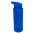 A drink bottle with a blue translucent design, featuring a flip-top lid and straw, with a circular grip pattern.