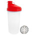 A drink bottle with a transparent body, red lid, and a wire whisk ball beside it. It features a logo.