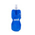 A blue drink bottle with a flexible design, featuring a spray nozzle and a white logo.