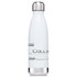 A drink bottle in white with a silver cap, featuring a logo. Ideal for hydration on the go.