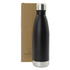 A drink bottle with a matte black finish and a stainless steel base, packaged in a cardboard box.