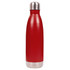 A drink bottle in vibrant red with a stainless steel base and a silver cap, featuring a logo.